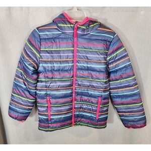 There Abouts Girls Purple Striped‎ Puffer Jacket Coat Size Kids Medium 10/12